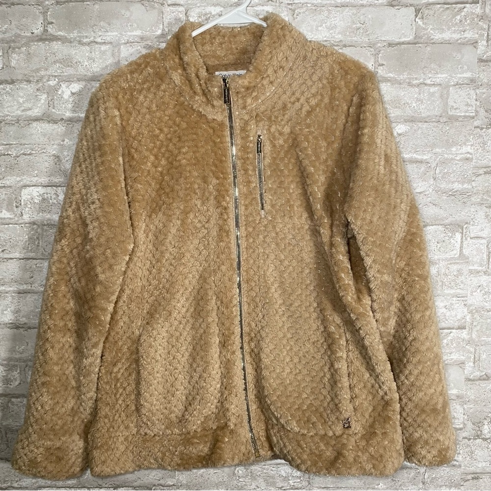 Calvin Klein fuzzy soft Women's Tan chic fleece Jacket size large outdoor - Picture 3 of 9